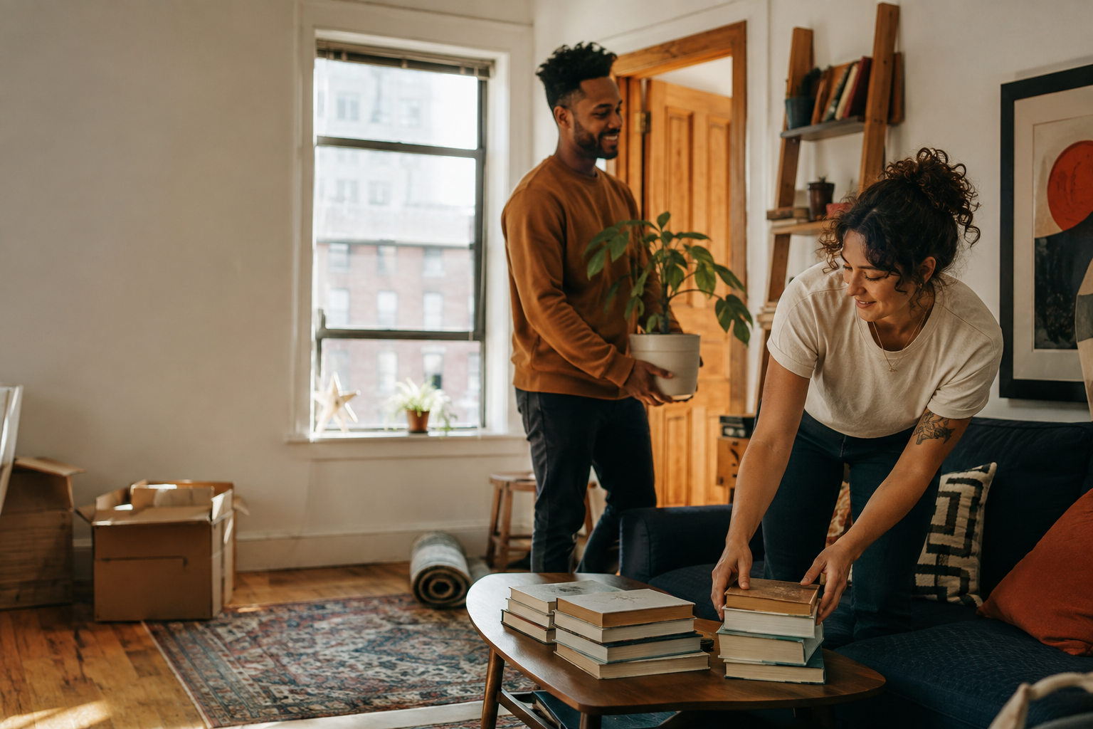 Two roommates arranging books and a plant in their shared apartment